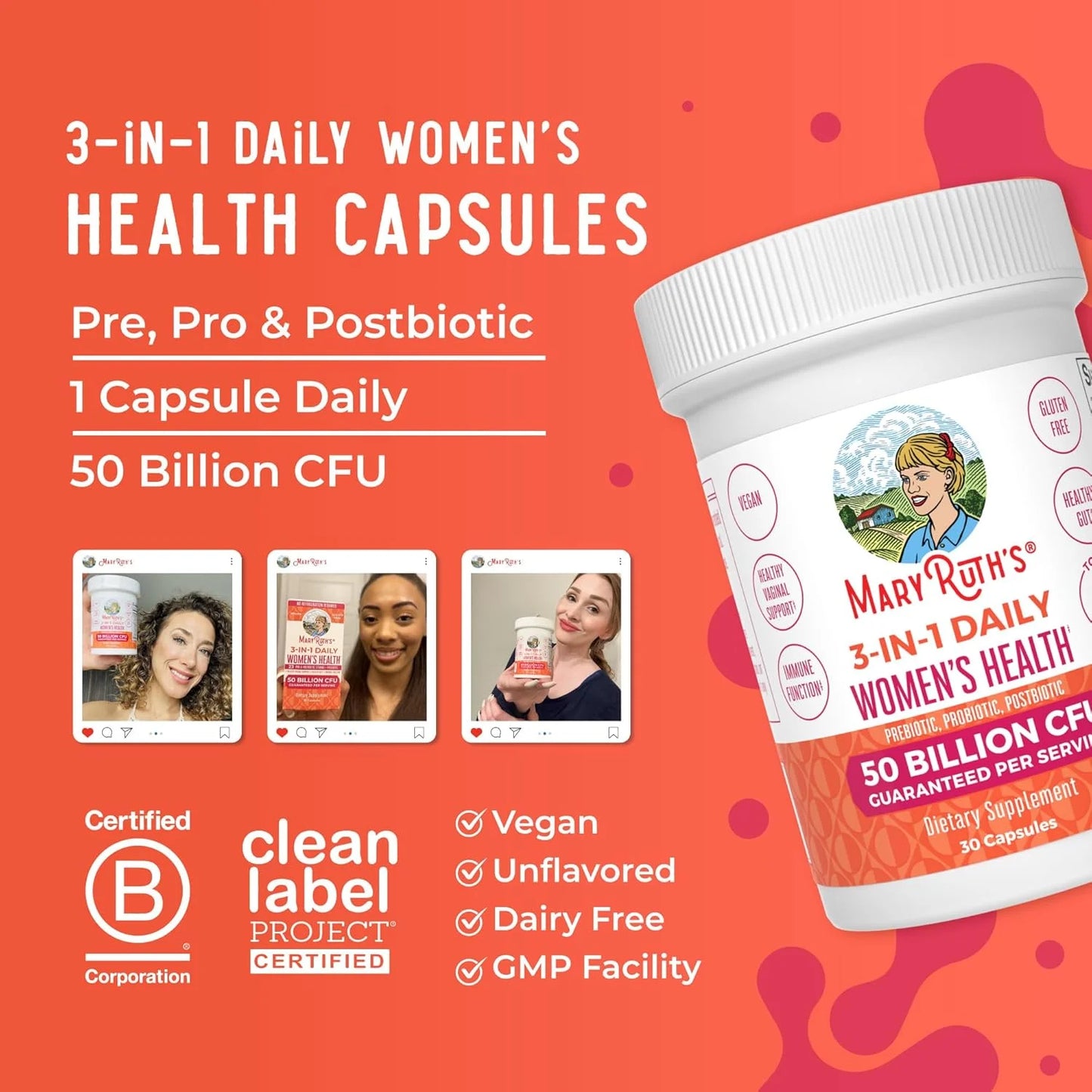 3-In-1 Daily Health Probiotics for Women | Hormone Support & Gut Health Supplement for Women | Women’S Probiotic | 50 Billion CFU | Vegan | 30 Ct